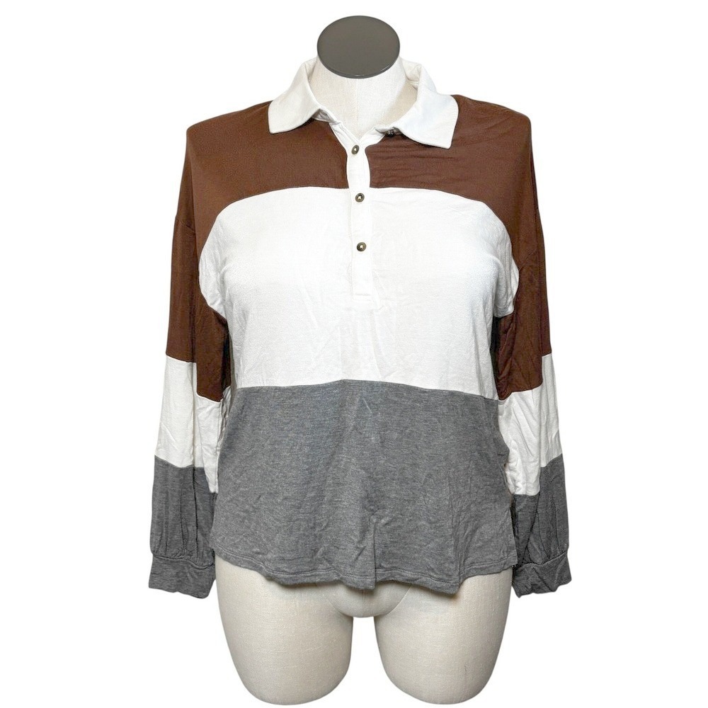 Colorblock Long Sleeve Collared Polo Shirt Women Size L Brown White Gray